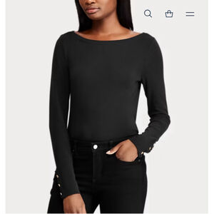 Women's Lauren Ralph Lauren Long Sleeve T-Shirt Black Ribbed Boatneck Buttons S